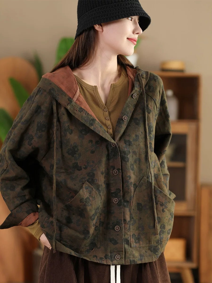 Women Vintage Autumn Flower Button Cotton Linen Hooded Coat