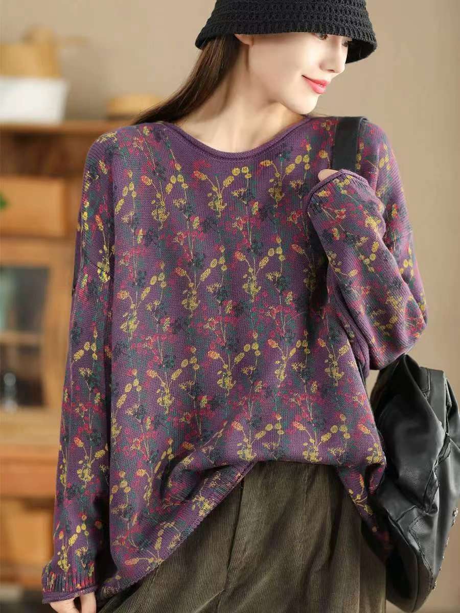 Women Artsy Autumn Floral Hemming Cotton Blouse