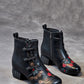 Women Ethnic Flower Leather Spliced Low Heel Boots