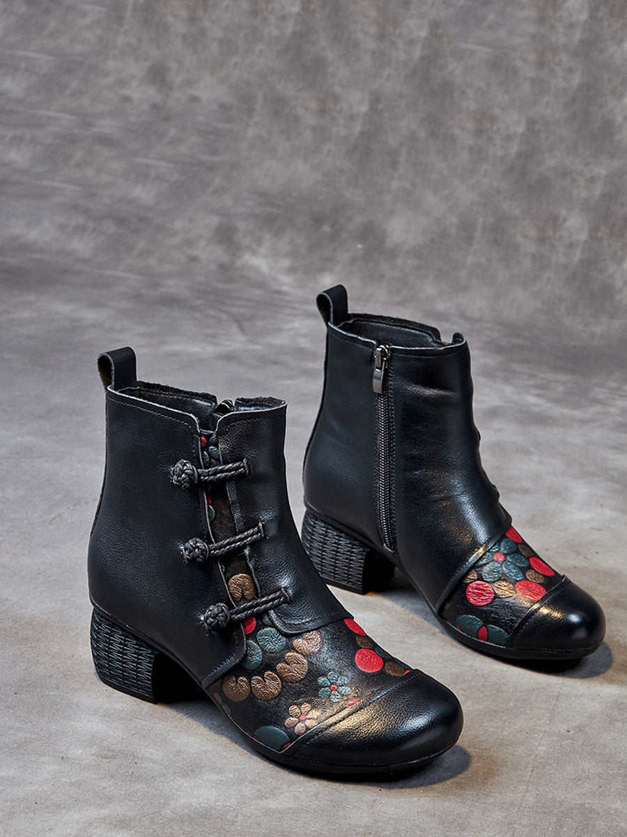 Women Ethnic Flower Leather Spliced Low Heel Boots