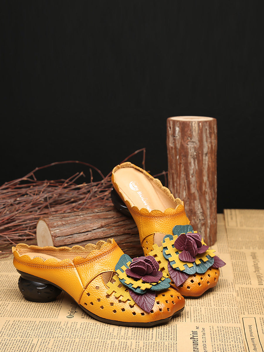 Women Summer Ethnic Leather Flower Spliced Low Heel Sandals