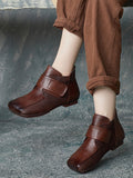 Women Artsy Leather Spliced Square Collar Ankle Boots