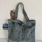 Women Vintage Solid Pocket Denim Handbag Shoulder Bag