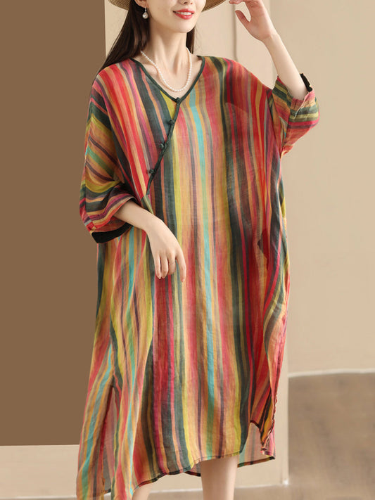 Women Summer Vintage Colorful Stripe V-Neck Ramie Dress