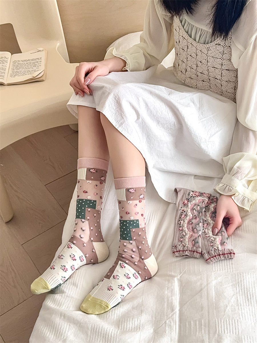 3 Pairs Women Artsy Floral Thin Socks