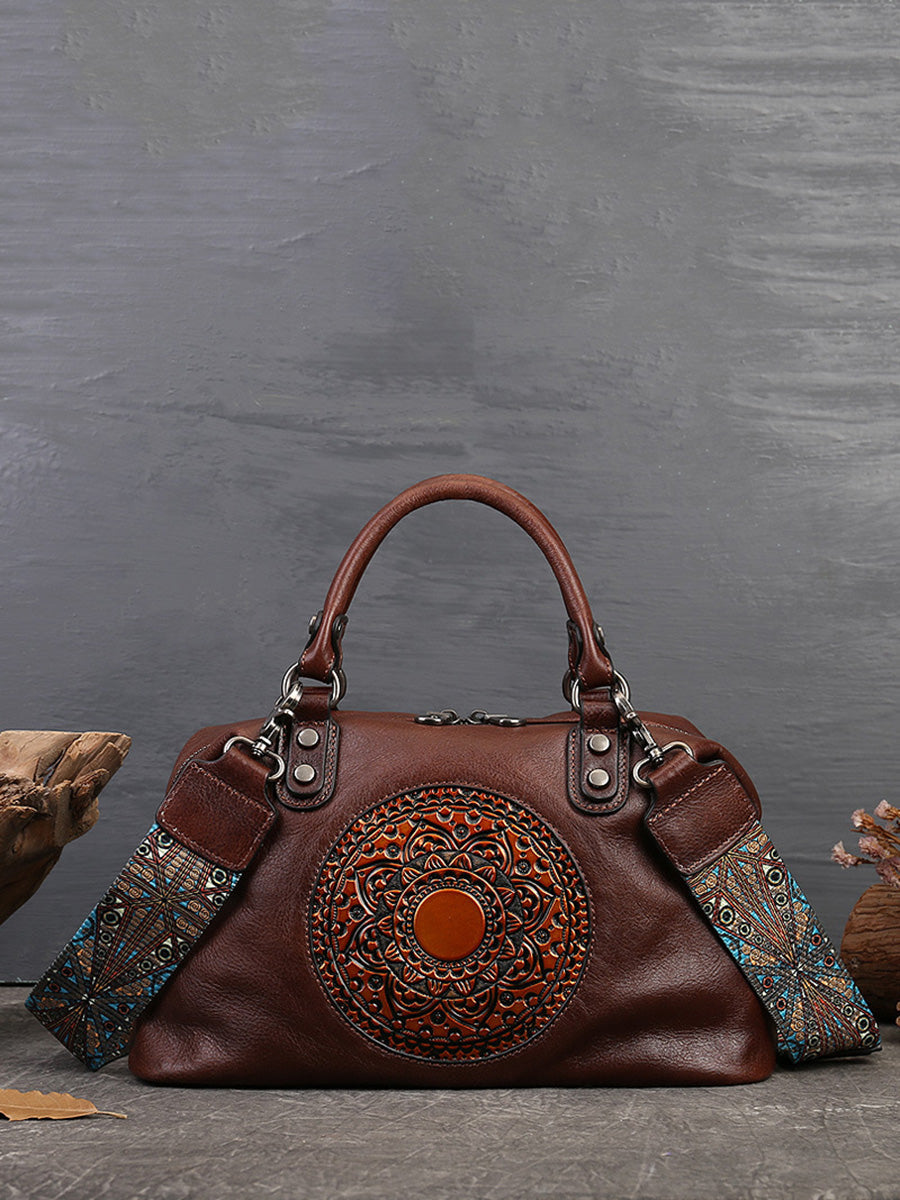 Women Leather Flower Spliced Capacity Hand Bag Shoulder Bag