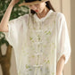 Women Summer Vintage Flower Spliced Button-up Ramie Shirt