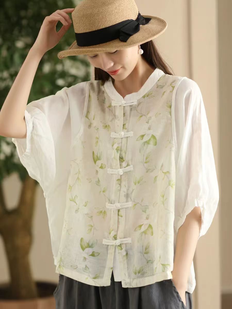 Women Summer Vintage Flower Spliced Button-up Ramie Shirt