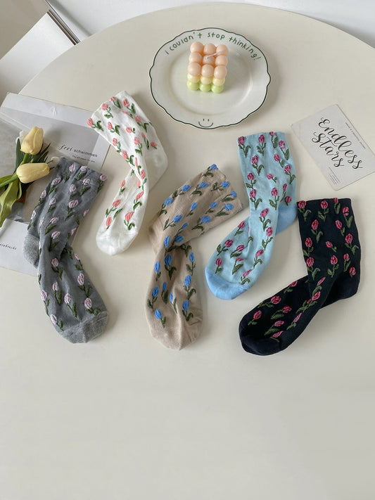 5 Pairs Women Tulip Jacquard Cotton Socks