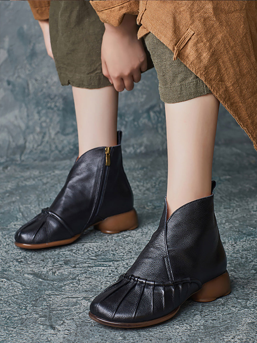 Women Vintage Autumn Shirred Low Heel Ankle Boots