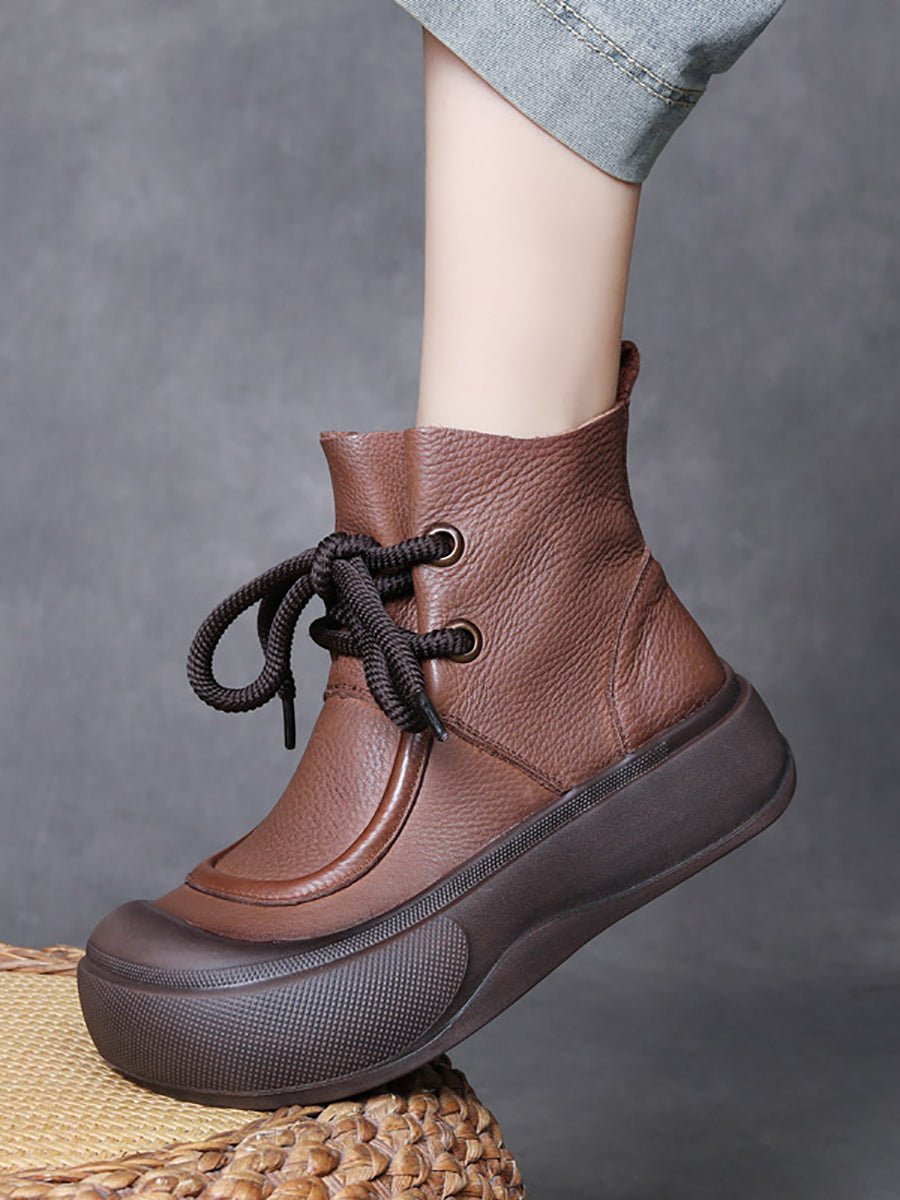 Women Vintage Genuine Leather Strap Mid-Heel Boots