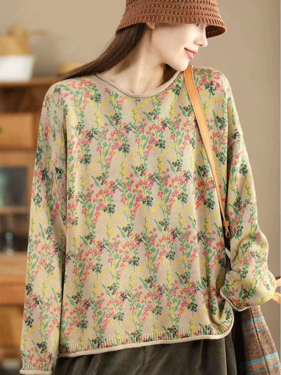 Women Artsy Autumn Floral Hemming Cotton Blouse