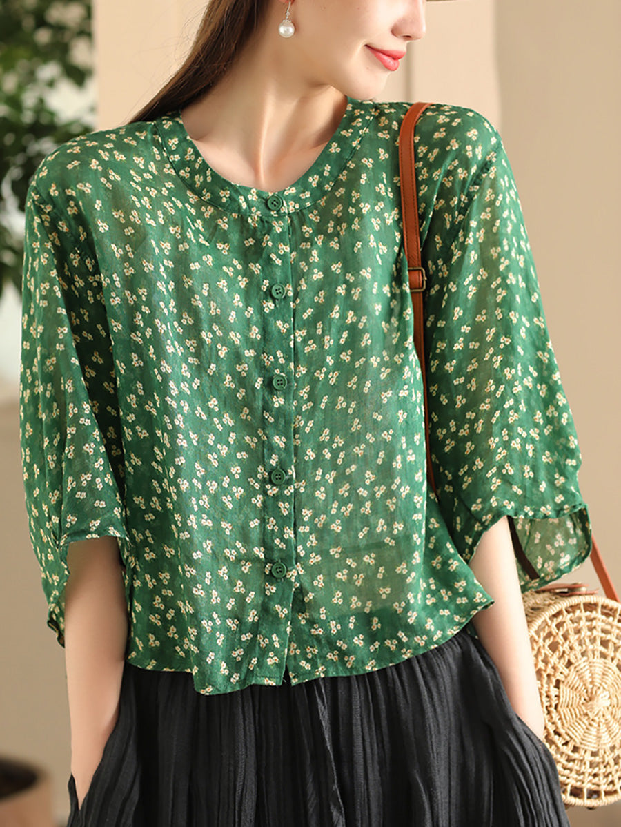 Women Summer Artsy Floral O-Neck Thin Shirt