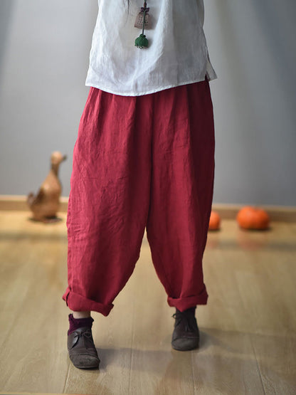 Women Vintage Spring Linen Solid Harem Pants