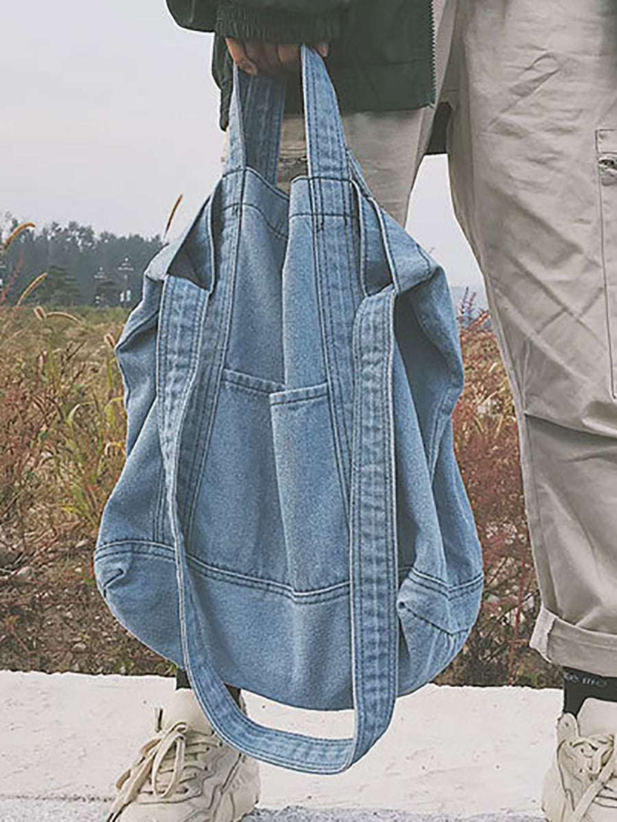 Vintage Solid Denim Spliced Shoulder Bag Handbag