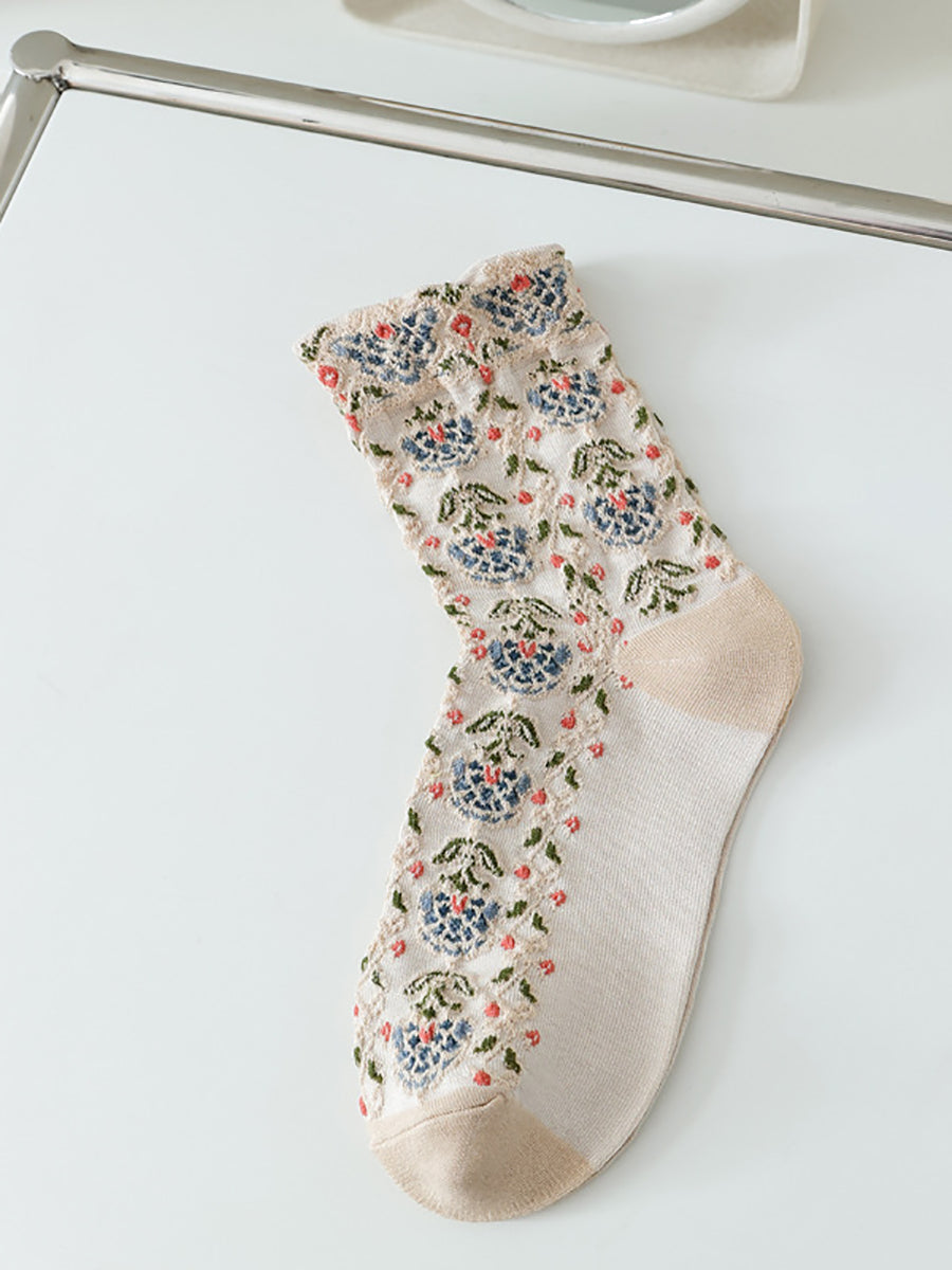 5 Pairs Women Artsy Floral Jacquard Cotton Socks