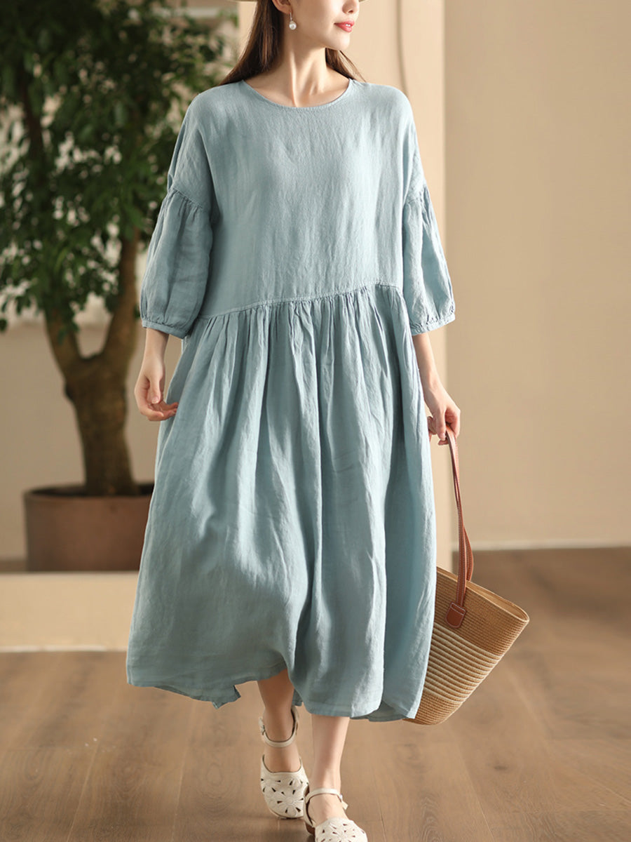 Women Summer Casual Solid Linen Loose Dress