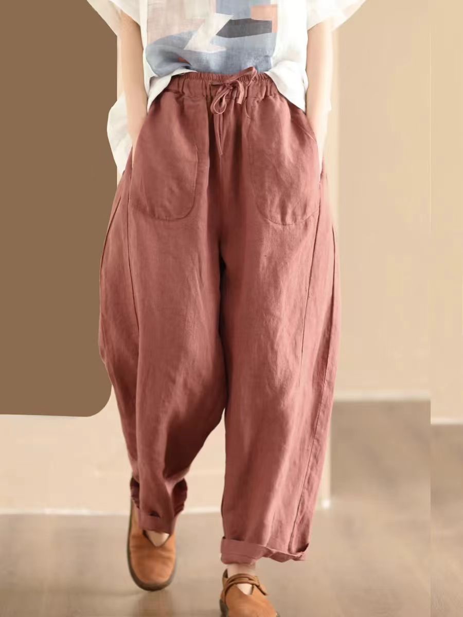 Women Summer Solid Linen Loose Harem Pants