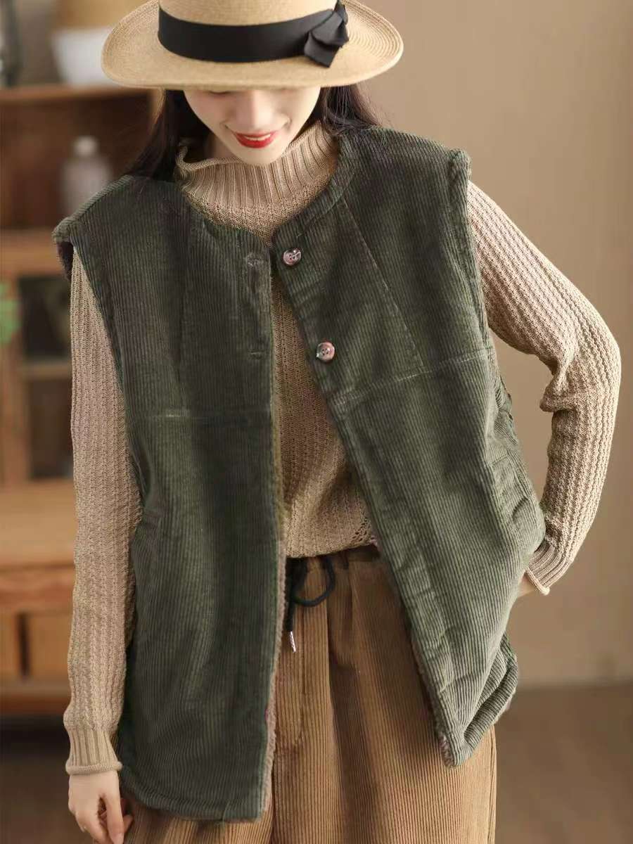 Women Casual Winter Solid Corduroy Plush Cotton Vest Coat