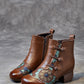 Women Ethnic Flower Leather Spliced Low Heel Boots