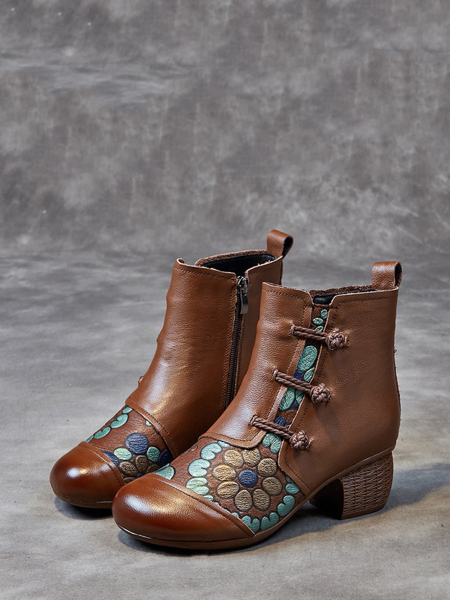 Women Ethnic Flower Leather Spliced Low Heel Boots