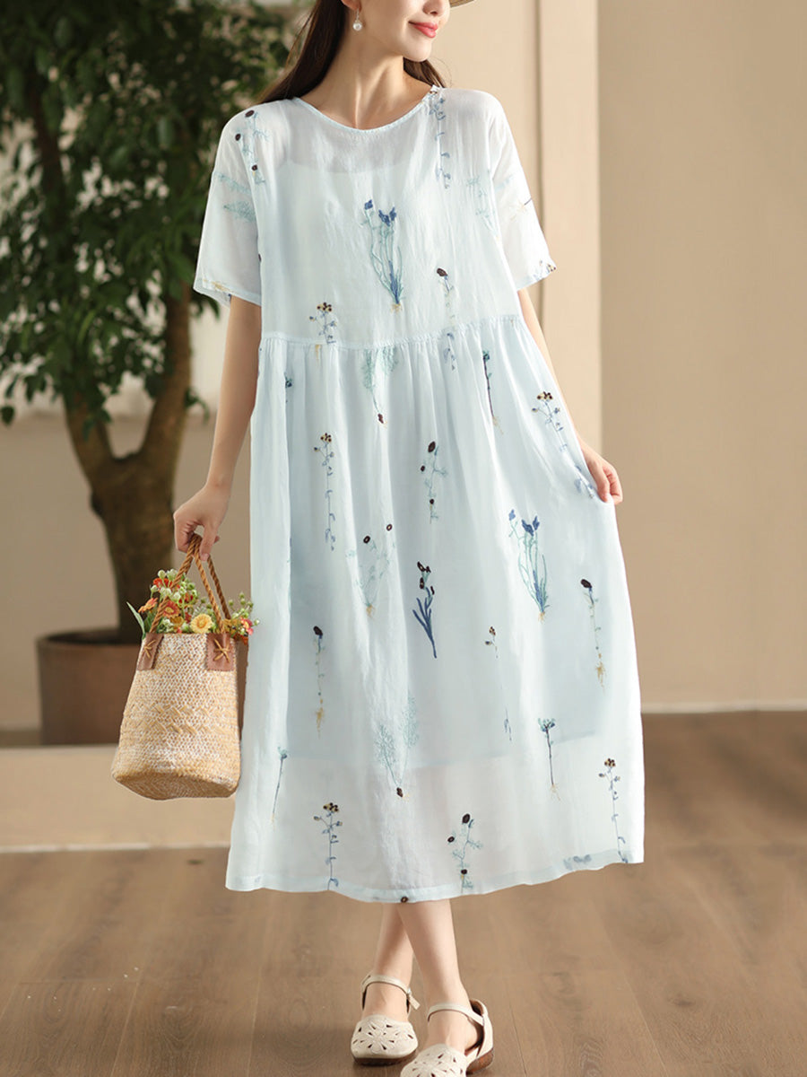 Women Artsy Flower Embroidery O-Neck Thin Ramie Dress