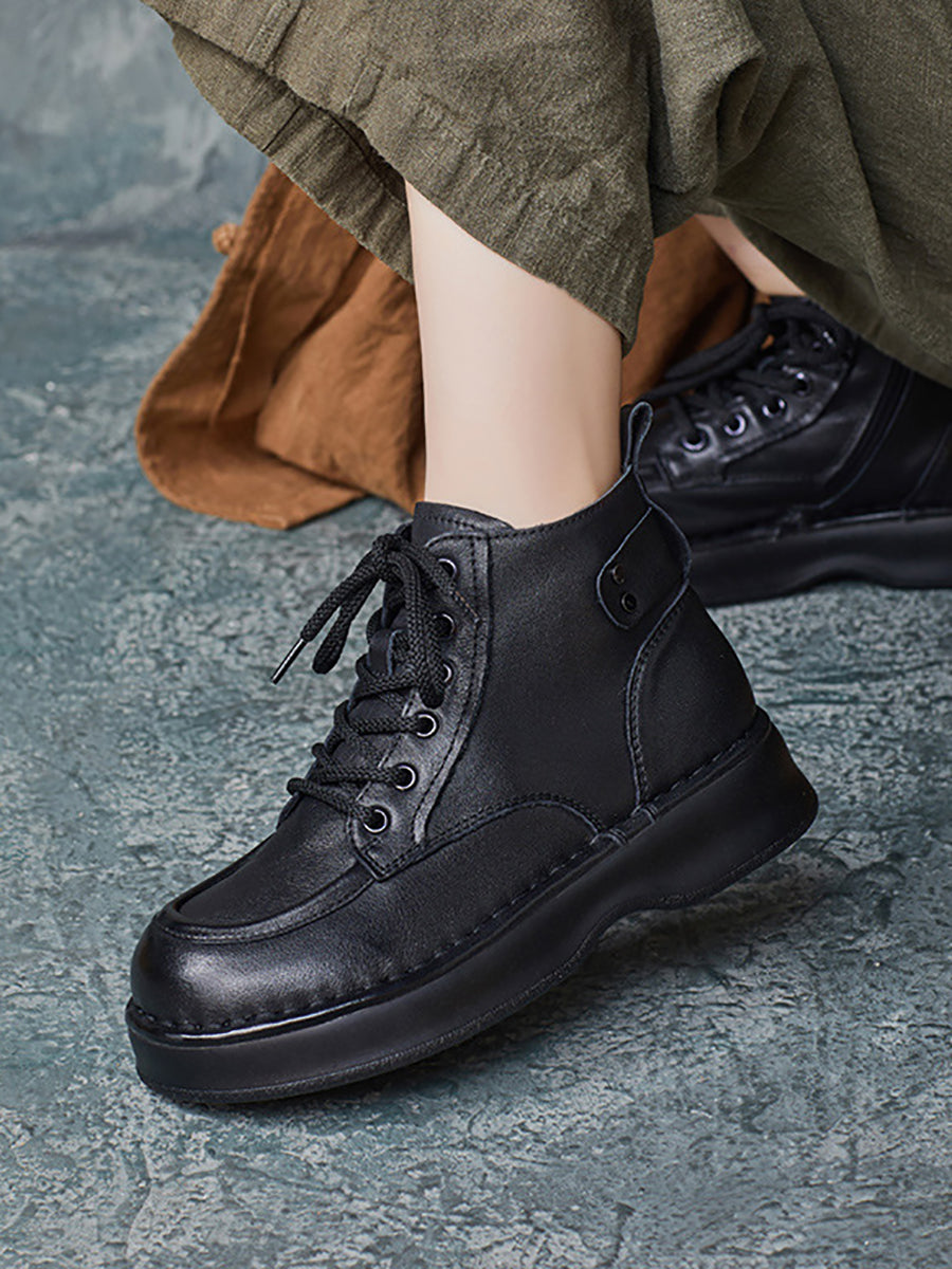 Women Vintage Winter Genuine Leather Low Heel Boots