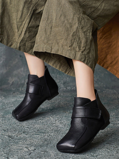 Women Artsy Leather Spliced Square Collar Ankle Boots