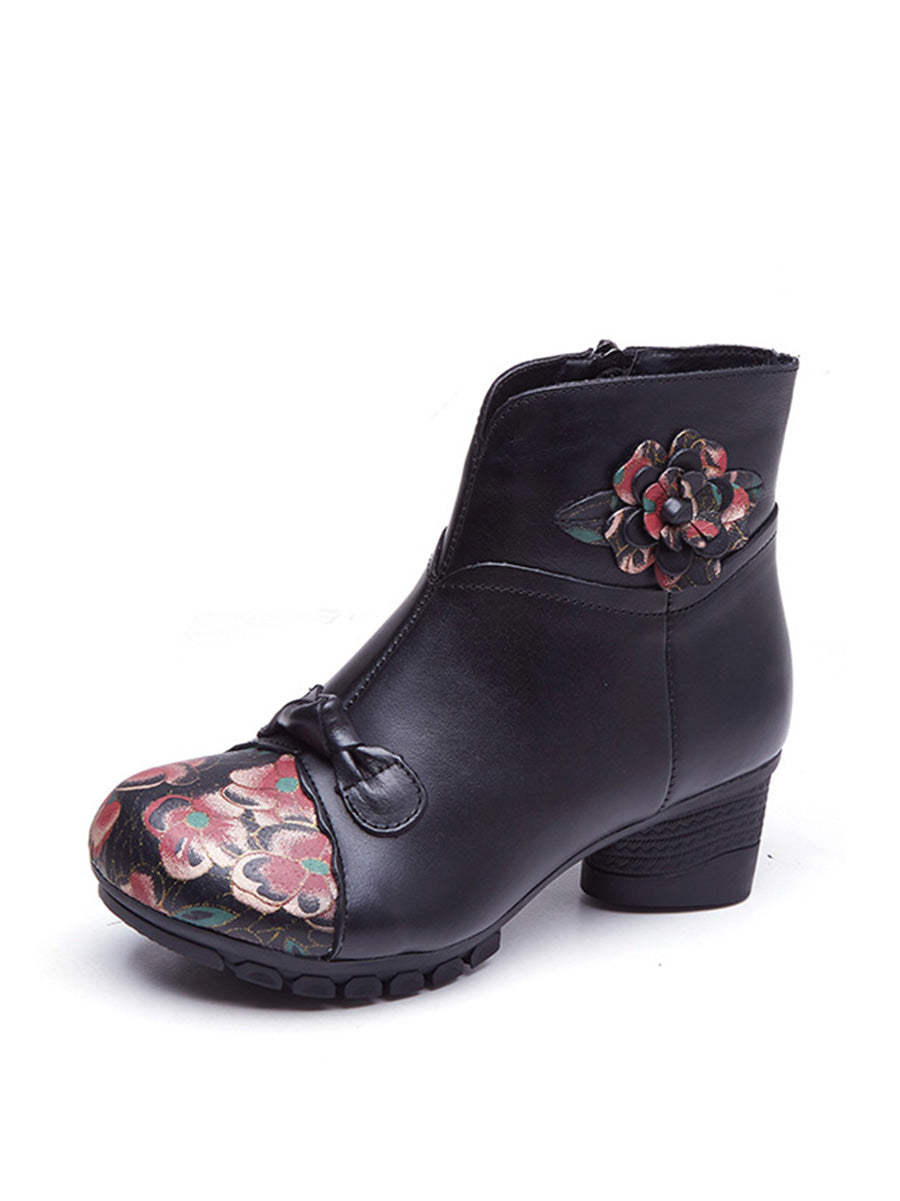 Women Ethnic Autumn Flower Spliced Leather Mid-Heel Boots