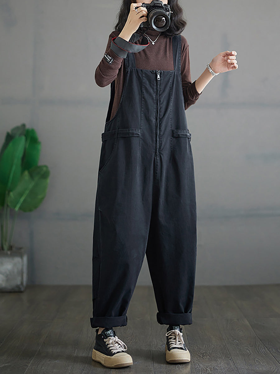 Women Autumn Vintage Zipper Casual Loose Solid Jumpsuits