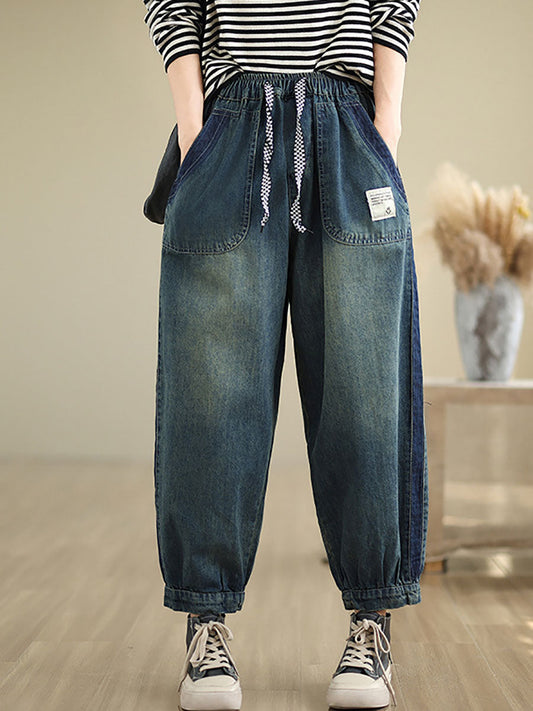 Women Casual Pockets Washed Denim Harem Pants