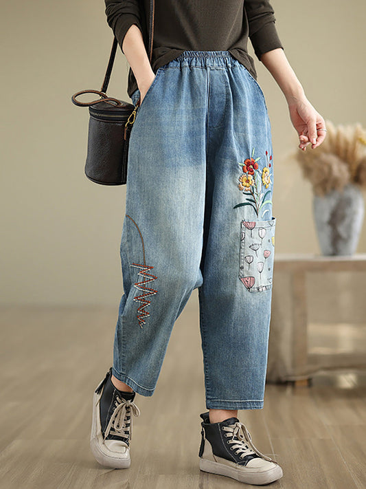 Women Autumn Artsy Flower Embroidery Denim Harem Pants