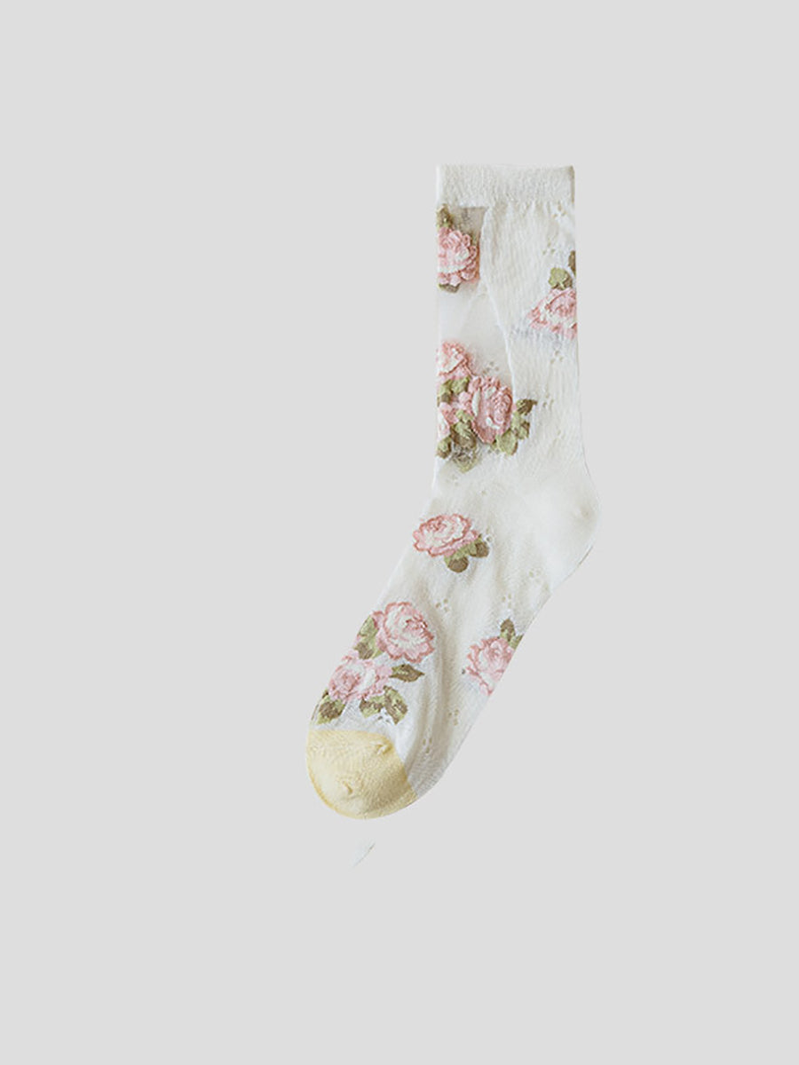 3 Pairs Women Elegant Flower Lace Spliced Thin Socks