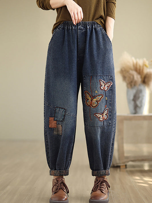 Women Autumn Artsy Butterfly Embroidery Denim Harem Pants