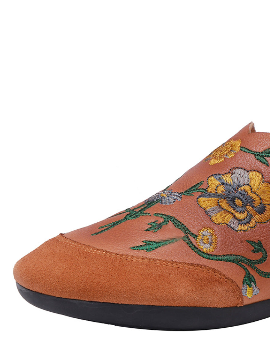 Women Ethnic Autumn Embroidery Leather Low Heel Shoes