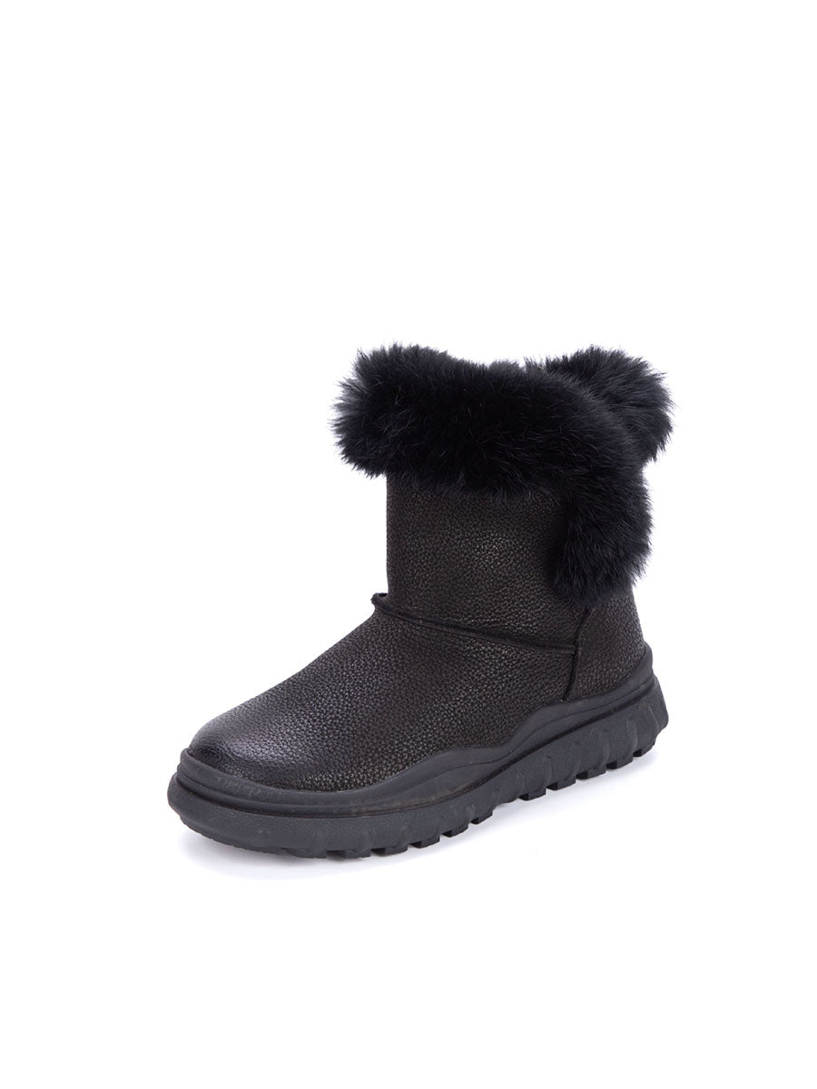 Women Solid Leather Plush Spliced Winter Boots