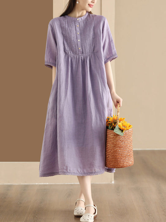 Women Summer Casual Solid Shirred Button Linen Dress