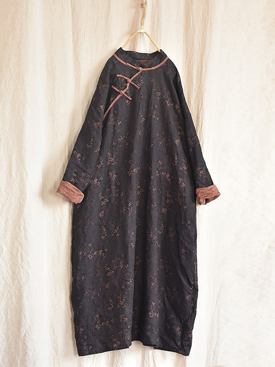 Women Autumn Worn Button Flower Loose Linen Dress