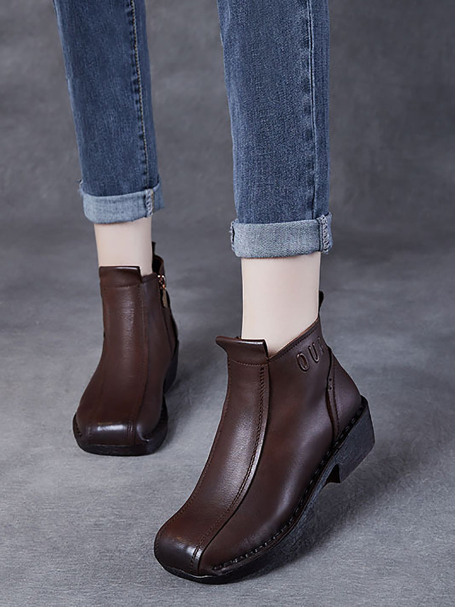 Women Autumn Genuine Leather Spliced Mid-Heel Boots