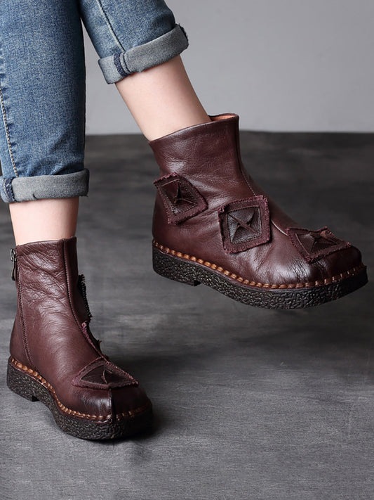 Women Vintage Leather Patch Spliced Ankle Boots