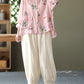 Women Vintage Floral Spring Button Up Ramie Blouse