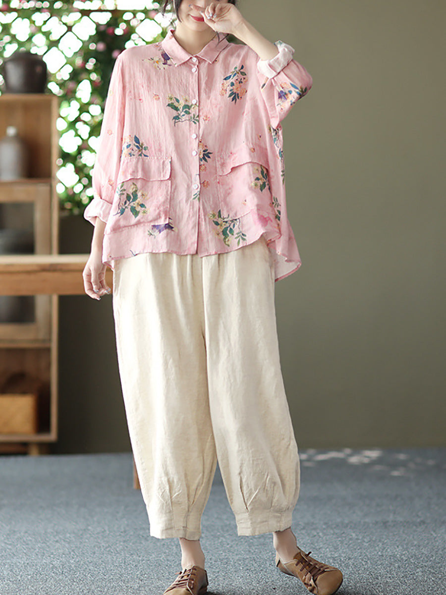 Women Vintage Floral Spring Button Up Ramie Blouse