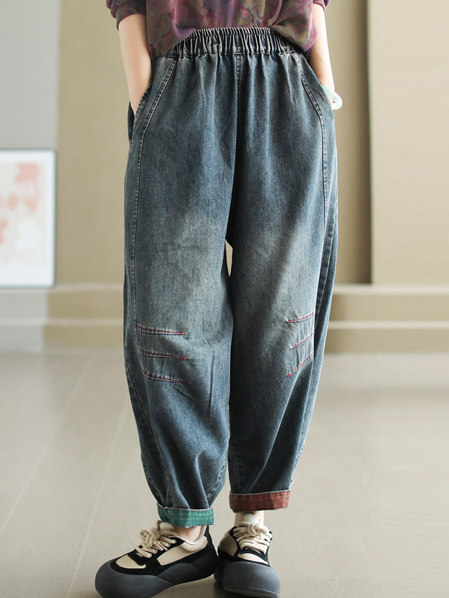 Women Autumn Artsy Spliced Denim Harem Pants