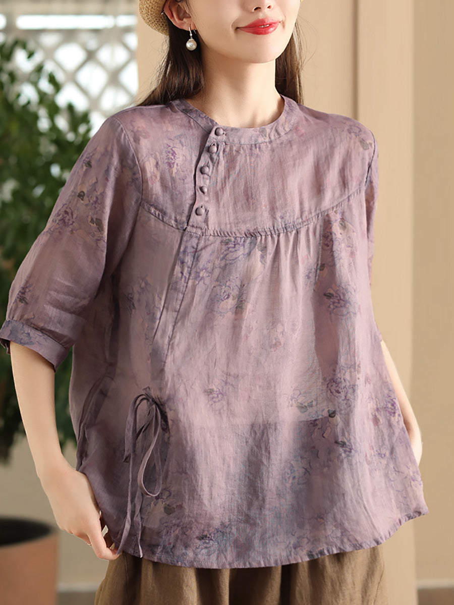 Women Summer Vintage Flower Strap O-Neck Ramie Shirt