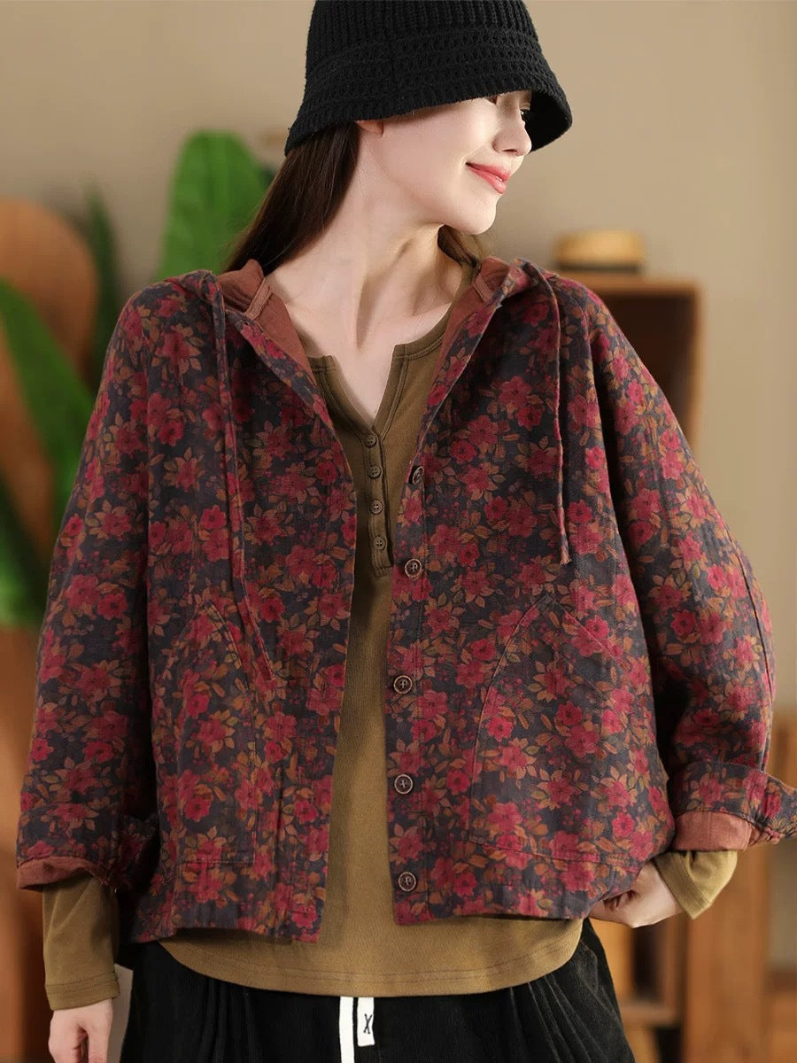 Women Vintage Autumn Flower Button Cotton Linen Hooded Coat