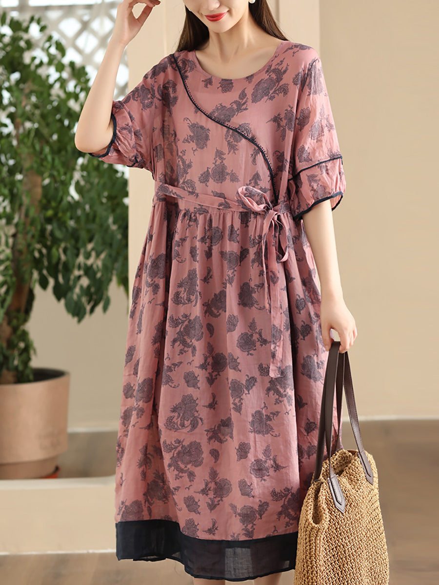 Women Summer Vintage Flower Spliced Strap Ramie Dress