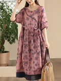 Women Summer Vintage Flower Spliced Strap Ramie Dress