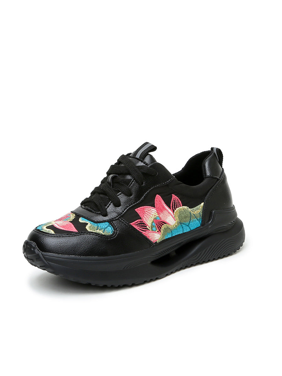 Women Fashion Lotus Embroidery Genuine Leather Sport Shoes