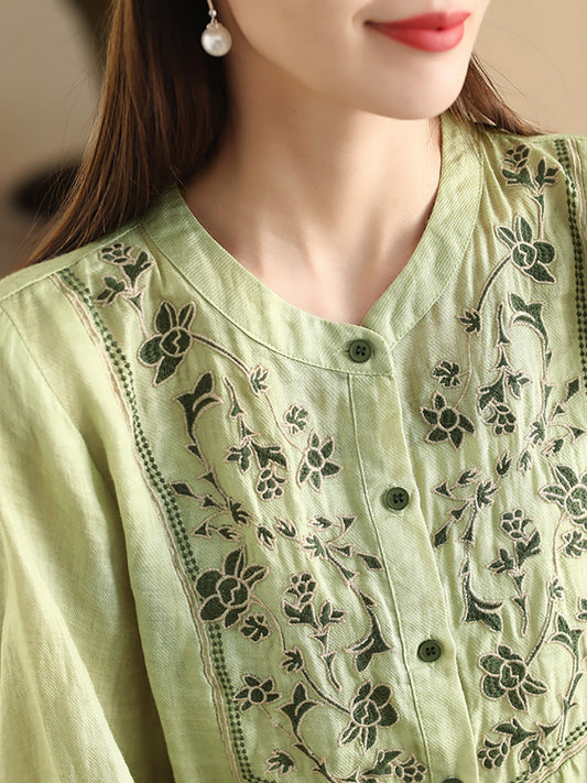 Women Summer Vintage Flower Embroidery Button-up Ramie Shirt