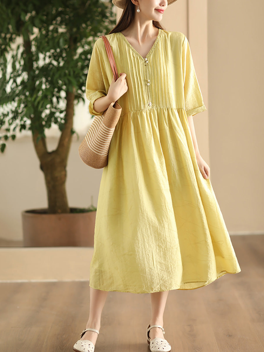 Women Summer Artsy Shirred V-Neck Solid Loose Dress